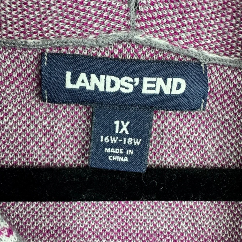 Lands End Cardigan Womens 1X Gray Purple Plaid Houndstooth Open Front Sweater